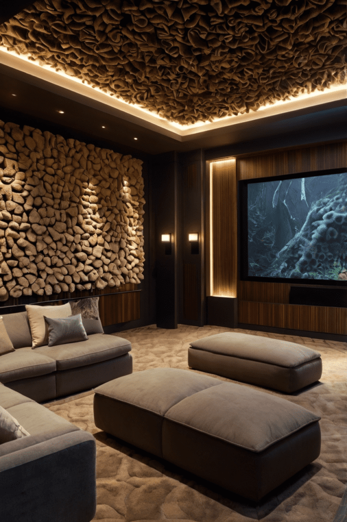 luxurious home theater featuring mycelium-based acoustic panels