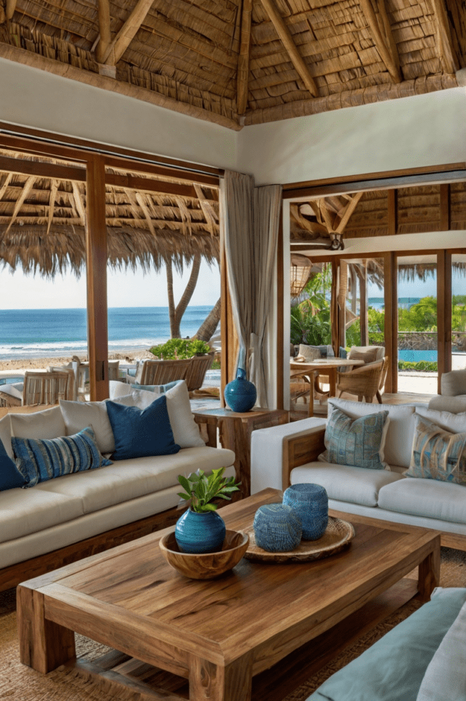 beachfront villa interior, showcasing a blend of reclaimed teak furniture, recycled glass countertops, and organic cotton textiles.