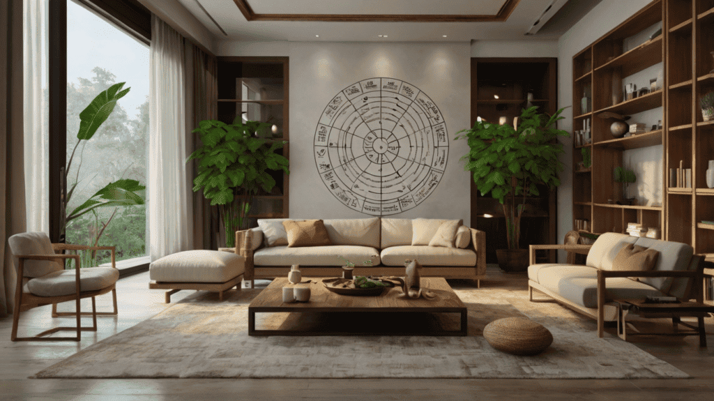 modern living room with a visual representation of the Bagua Map