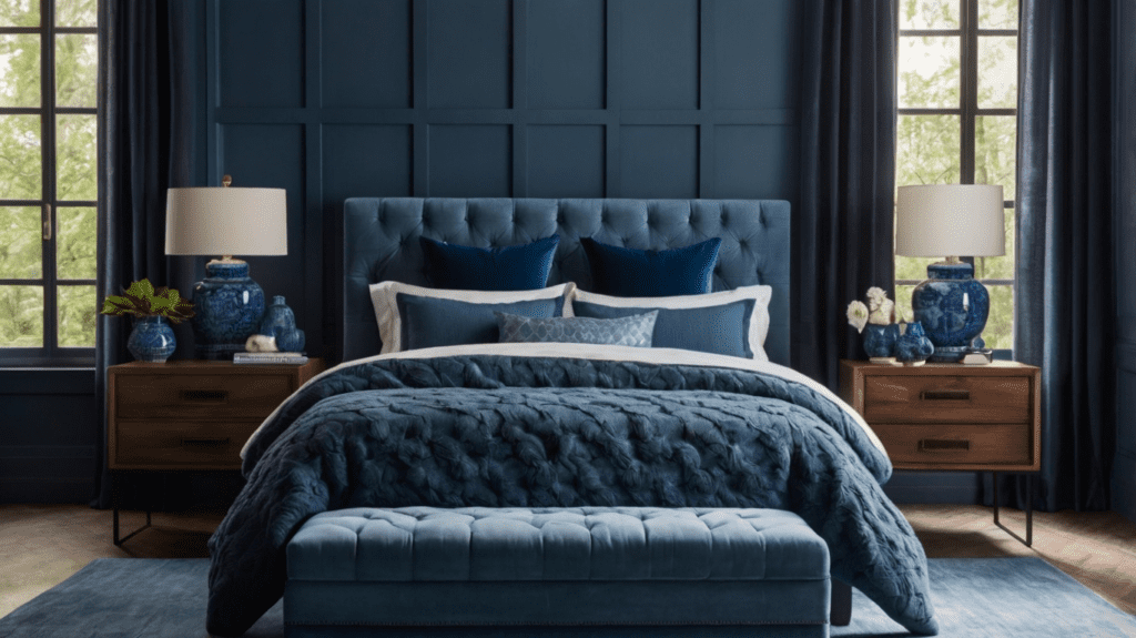 A bedroom showcasing an all-blue monochromatic scheme