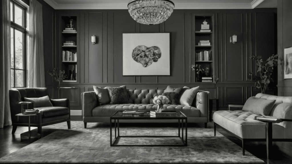 A living room with a monochromatic gray color scheme